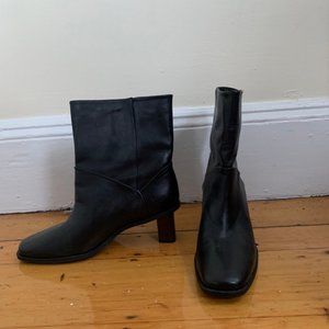 COS Black Leather Boots with Inset Wooden Heel | Size 39